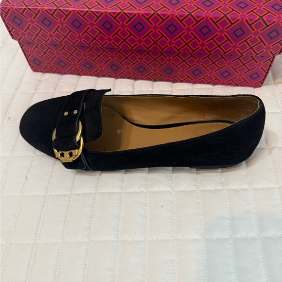 Tory Burch Black Suede Loafers with Gold Buckle - Picture 4 of 11